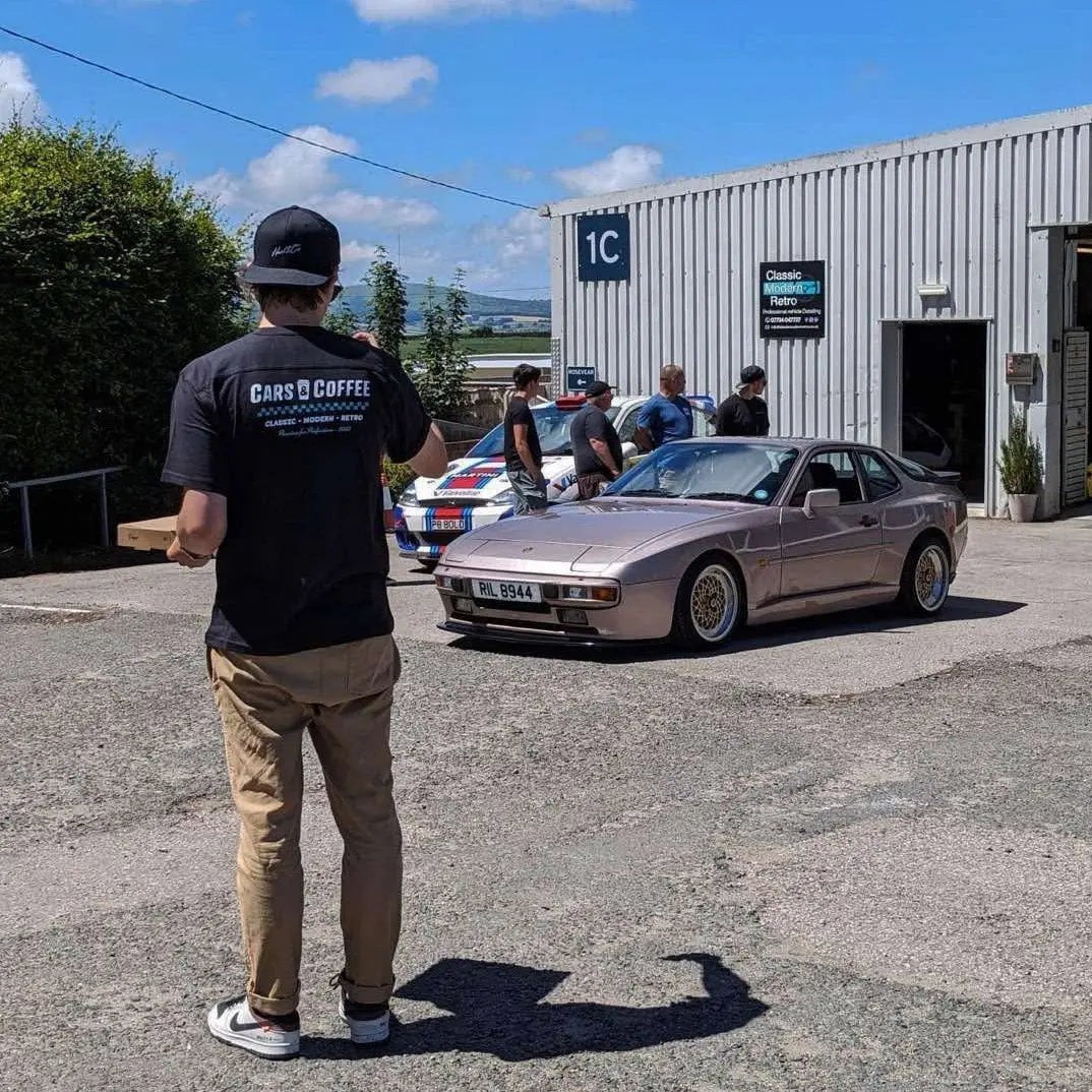 Cars and coffee t shirt with Porsche behind