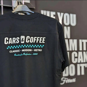 Cars and coffee t shirt with printed logo, back view