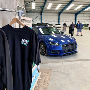 Cars and coffee t shirt, cars in the background