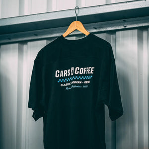 Cars and coffee logo on black t shirt - back view